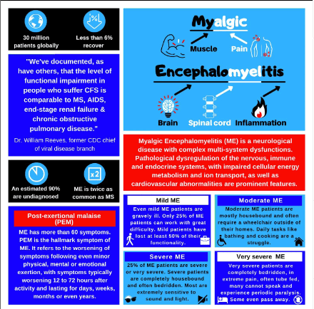 An infographic in blue and red with white text which explains levels of ME. From @chronicallyrising on Instagram.